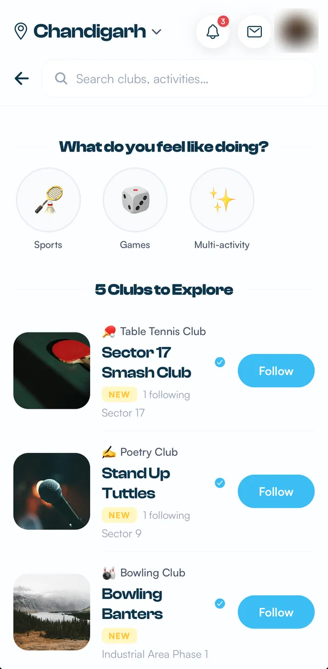 SyncTrip clubs list: table tennis, poetry and bowling clubs in Chandigarh