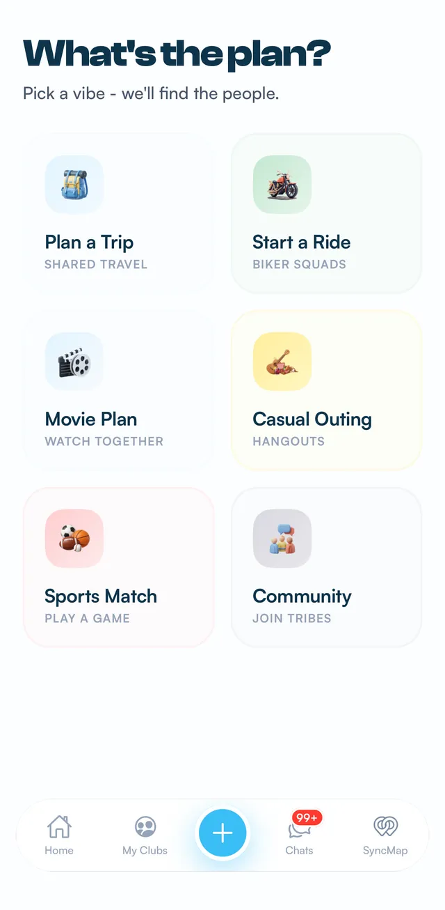 Creating a plan on SyncTrip: plan a trip, start a ride, movie plan, casual outing, sports match or community