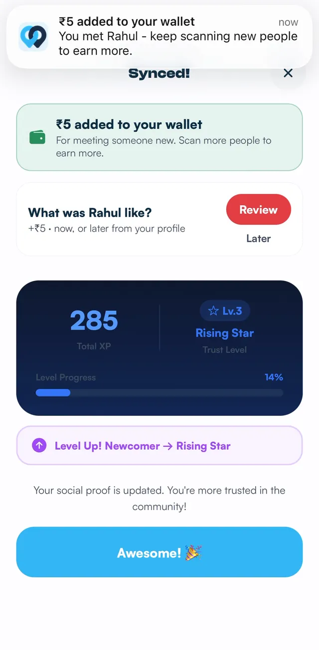 SyncTrust scan result: ₹5 added to wallet for meeting someone new and a trust level up