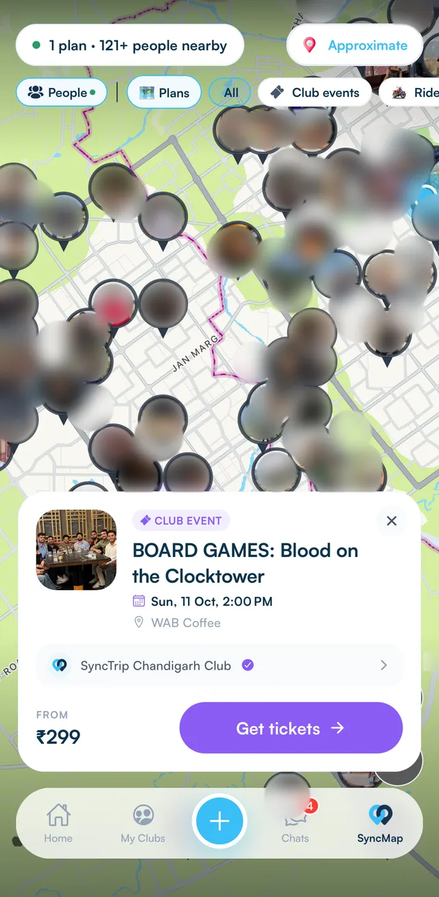 SyncMap showing plans and a board-games club event on a map of Chandigarh