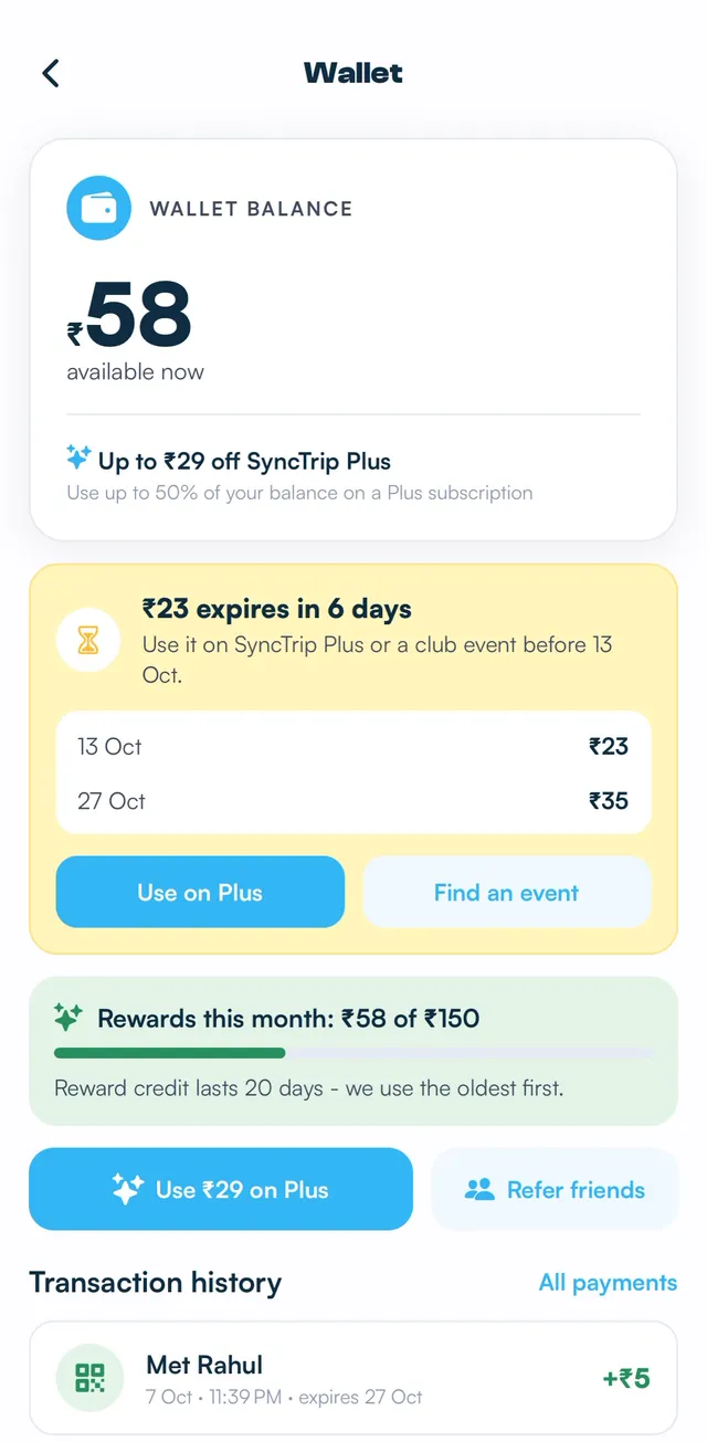 SyncTrip wallet with reward credit and transaction history