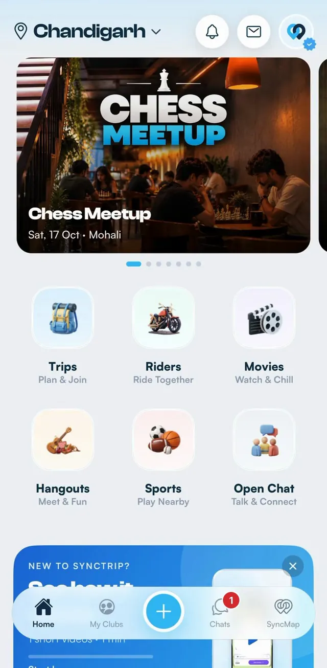 SyncTrip app home screen: event carousel, plan categories, and new chat notifications arriving